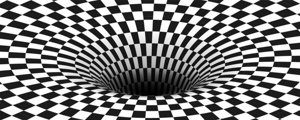 Abstract optical illusion. Hypnotic tunnel with black and white squares. Vector illustration.