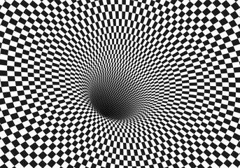 Wall Mural - Abstract optical illusion. Hypnotic tunnel with black and white squares. Vector illustration.