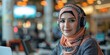 © Silver Lining Shots - Portrait of Arabic business woman working with headset and laptop computer in office, Generative AI