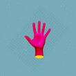 Hot pink female hand showing five fingers sign isolated on blue background. The woman showing her palm. Trendy 3d creative collage in magazine style. Contemporary art. Modern design.Greeting hand sign