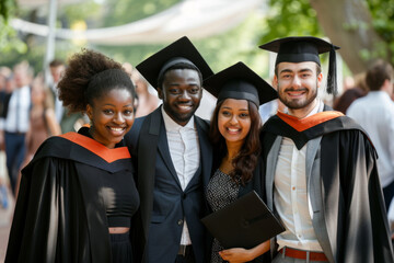 Wall Mural - Happy students on a group photo with diplomas. Diversity young people on graduation ceremony holding diplomas