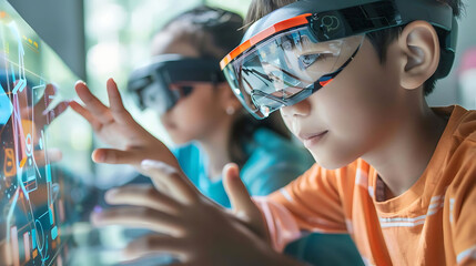 ar - enhanced education students, including a young boy in an orange shirt, work on a project while