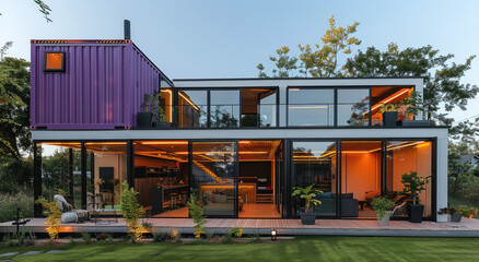 Poster - Modern industrial exterior style house made from converted shipping container. Generative AI.