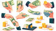 Hands holding money set. Arms with coins banknotes