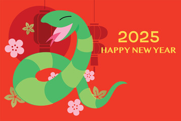 Wall Mural - Happy chinese new year of the snake cartoon card. Cute zodiac snake with decorative chinese lanterns and plum blossoms background. Lunar new year 2025 celebration.