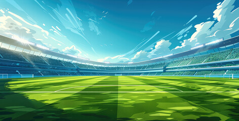 Wall Mural - Vector illustration of a flat background, a modern football stadium with lights and a green grass field, a blue sky, in the style of cartoon with thick lines. Generative AI.