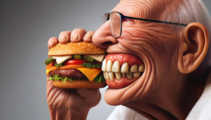 Wall Mural - Side profile of elderly man preparing to eat a large burger, showing off his dentures with a big grin