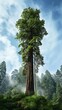 A tall redwood tree in a forest with mist in the background