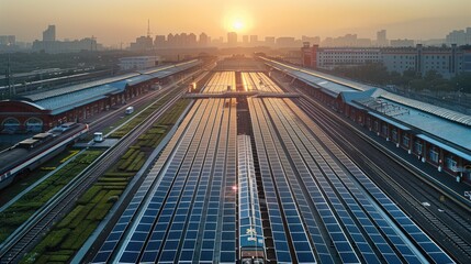 Aufkleber - Solar PV of Railway Station. Aerial high view. Generative AI.