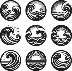 Wall Mural - set of sea wave sunset logo icon silhouette symbols clipart, sunset logo concept, collection of sunset with sea wave logos