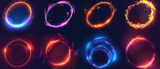 Set of neon blurry light circles at motion . Vector swirl trail effect. Abstract vector fire circles, sparkling swirls and energy light spiral frames.