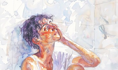 An introspective teenage boy depicted in a watercolor portrait, seated in contemplation in a bathroom