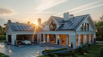 Leinwandbilder - Sunny weather, Large house with four roofs, Solar panels on the roof of the upper sector, The structure of the house is complex. Generative AI.