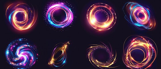 Set of neon blurry light circles at motion . Vector swirl trail effect. Abstract vector fire circles, sparkling swirls and energy light spiral frames.