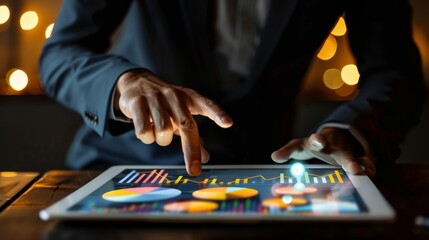 Leinwandbilder - A businessman analyzing a colorful business graph on a digital tablet, pondering growth strategies.