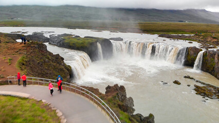 Sticker - Aerial view landscape of the Godafoss famous waterfall in Iceland. The breathtaking landscape of Godafoss waterfall