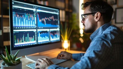 Aufkleber - A businessman analyzing stock market trends on a computer screen filled with financial graphs.