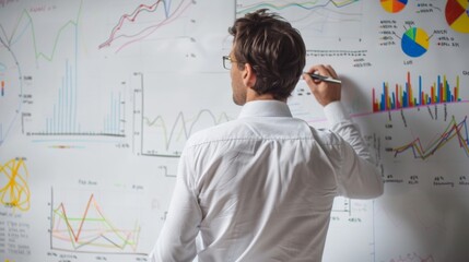 Poster - A businessman brainstorming investment ideas while sketching financial graphs and charts on a whiteboard.