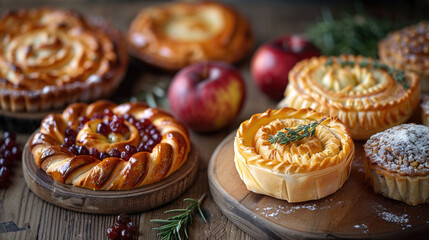 Canvas Print - Table displaying a variety of baked goods, apples, and other food items