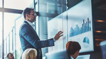 Poster - A businessman in a modern office, confidently presenting a financial graph to colleagues during a meeting.