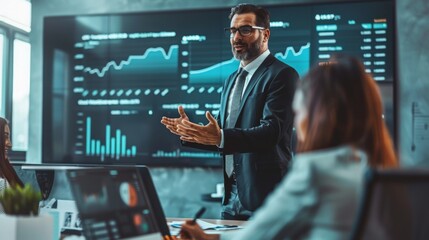 Poster - A businessman in a modern office, confidently presenting a financial graph to colleagues during a meeting.