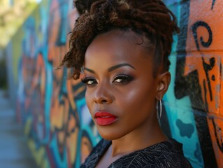 Canvas Print - A woman with red lipstick and dark hair stands in front of a graffiti wall. The wall is covered in colorful and abstract designs, giving the scene a vibrant and artistic feel