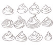 Vector set of contour cartoon meringues and creams isolated from background. Collection of outline sweet zephyrs. Monochrome line art food cliparts for recipes, stickers