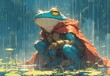 A cute frog superhero crouching in the rain, with a detailed character design, wearing a red cape with gold trimmings