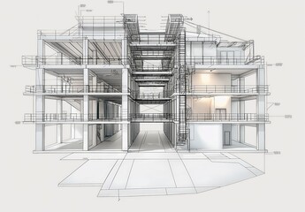 Wall Mural - Industrial building wireframe rendering with architectural and construction details
