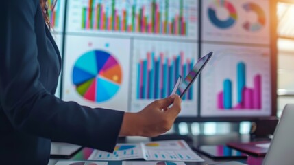 Fototapete - A businesswoman confidently presenting a financial report filled with colorful stock market graphs to her team.
