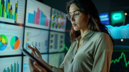 Fototapete - A businesswoman confidently presenting a financial report filled with colorful stock market graphs to her team.