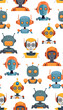 Child cheerful pattern with bright cartoon robots on a white background. Childish flat texture with various cyborg toys for fabrics, wrapping paper and wallpaper.
