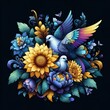 Floral artistic image of black background blue yellow magenta green Dove with her babies