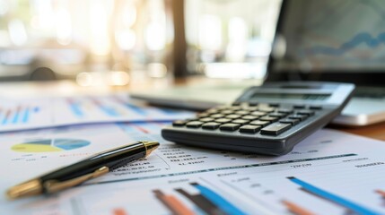 Aufkleber - A close-up of a calculator and pen on a desk surrounded by financial reports and graphs, illustrating meticulous financial calculation.
