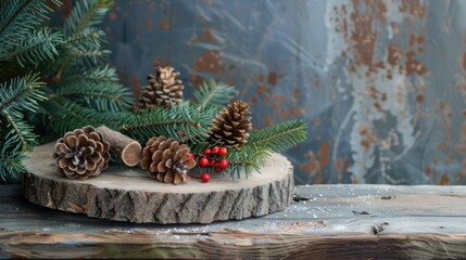 Sticker - Christmas themed background with a fir tree pine cones and firewood on a wooden table