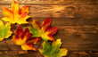 Autumn background with empty space for text. autumn colorful leaves on wooden boards backgrounds. Studio shooting. Generative AI.