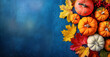 Autumn background with empty space for text. Pumpkin and colorful leaves decorated on blue background. Top view. Studio shooting. Generative AI.