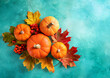 Autumn background with empty space for text. Pumpkin and colorful leaves decorated on blue background. Top view. Studio shooting. Generative AI.