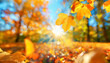 Autumn background with empty space for text. Branches and trees with yellow leaves in the park and forest. Generative AI