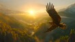 Majestic eagle soaring at sunrise in mountain landscape. Wildlife freedom concept. Nature photography for posters. Scenic view with bird silhouette at dawn. AI