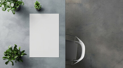 a4 piece of blank paper a grey table modern desk very slight angle, photo taken from above 