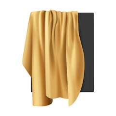 Wall Mural - Gold silk fabric with pleats hanging from black box to hide 3D realistic presentation vector illustration