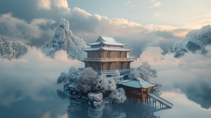 Wall Mural - Chinese house on the sky, in the style of delicate fantasy worlds, winter. Generative AI.