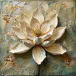 A white flower lotus depicted on a textured green canvas