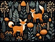 Woodland creatures, autumn flora, seamless pattern, flat vector, solid bg ,  repeating pattern