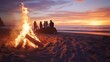 © Plaifah - A group of friends enjoying a bonfire on the beach at twilight, with the flames casting a warm glow on the sand and sea.