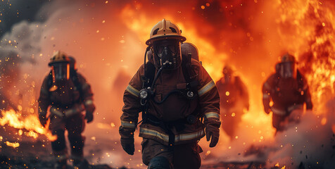 Aufkleber - Team of workers with power and firefighter, red fire, spray water. Generative AI.