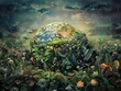 beautiful painting of the Earth, covered in lush greenery and flowers