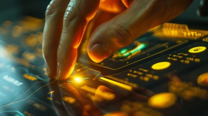Fototapete - A hand pressing a button on a digital interface to execute a gold trade, with price graphs displayed nearby.