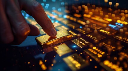 Fototapete - A hand pressing a button on a digital interface to execute a gold trade, with price graphs displayed nearby.
